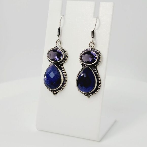 Blue Sapphire Amethyst Handmade Drop Dangle Earrings Jewelry 2" - Picture 1 of 5